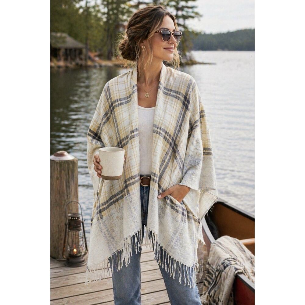NWT Origami by Vivien Oversized Plaid Poncho Shawl Wrap Fringe One Size Ivory